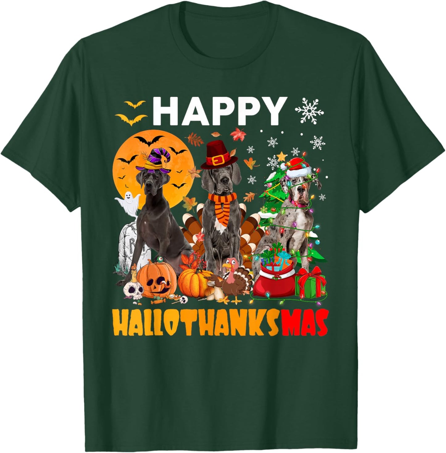 Funny Witch Turkey Santa Great Dane Dog Happy HalloThanksMas T-Shirt - T-Shirt | Forest