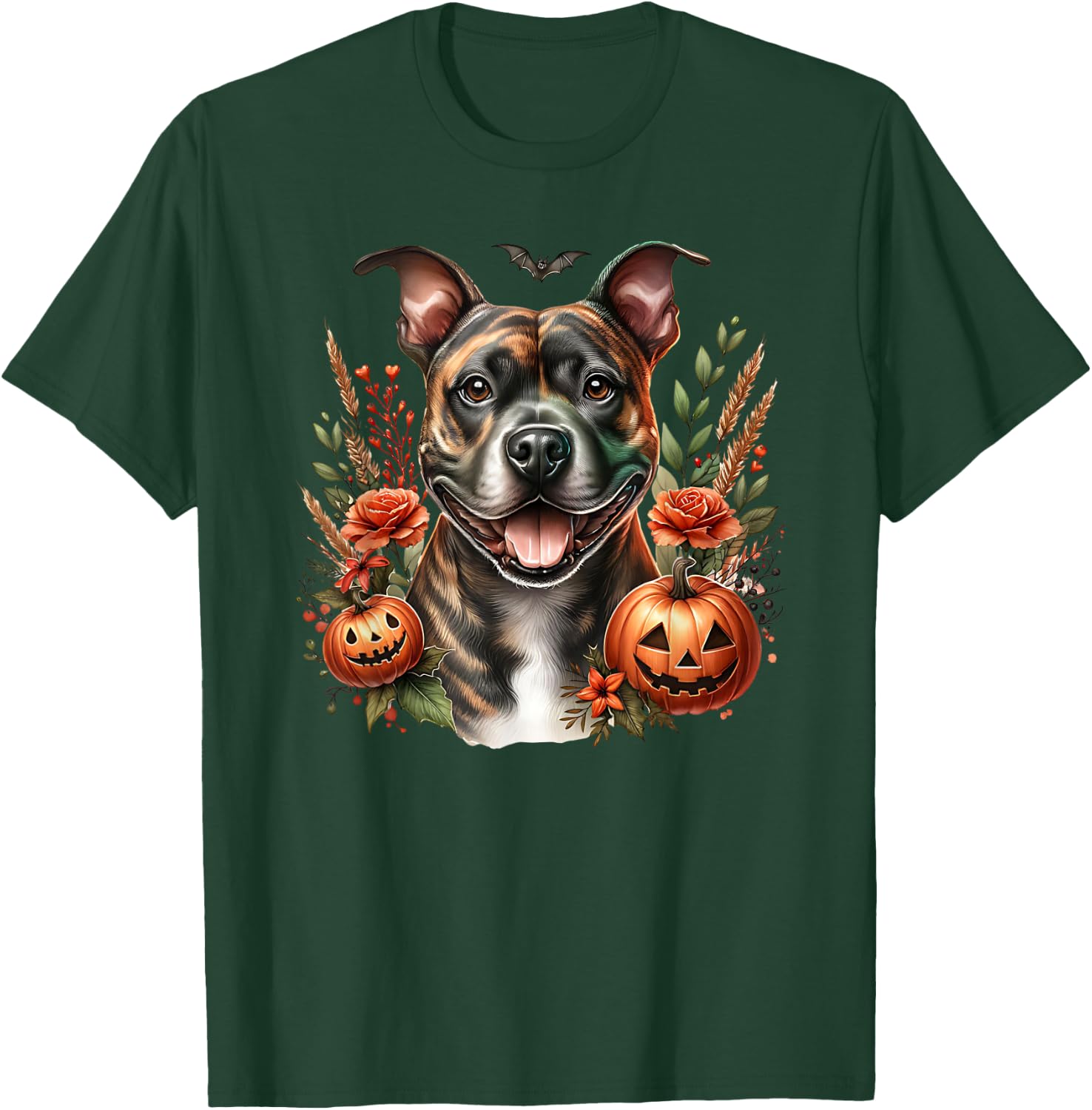 Brindle Pitbull Staffy Amstaff Dog Halloween Watercolor T-Shirt - T-Shirt | Forest