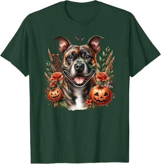 Brindle Pitbull Staffy Amstaff Dog Halloween Watercolor T-Shirt - T-Shirt | Forest