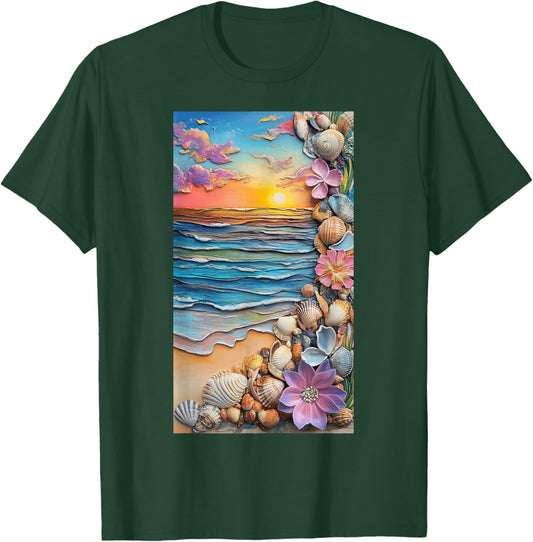 Sunset Beach Scene Seashells Ocean art T-Shirt - T-Shirt | Forest
