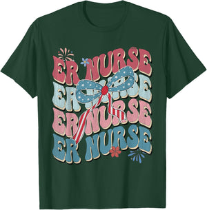 ER Nurse Patriotic 4th of July American Retro Groovy T-Shirt - T-Shirt | Forest