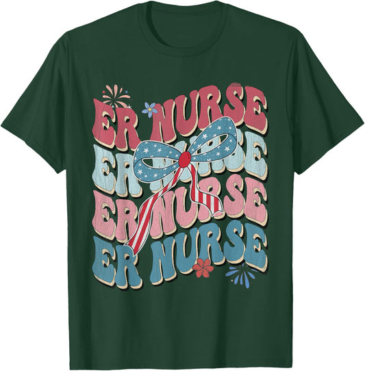 ER Nurse Patriotic 4th of July American Retro Groovy T-Shirt - T-Shirt | Forest
