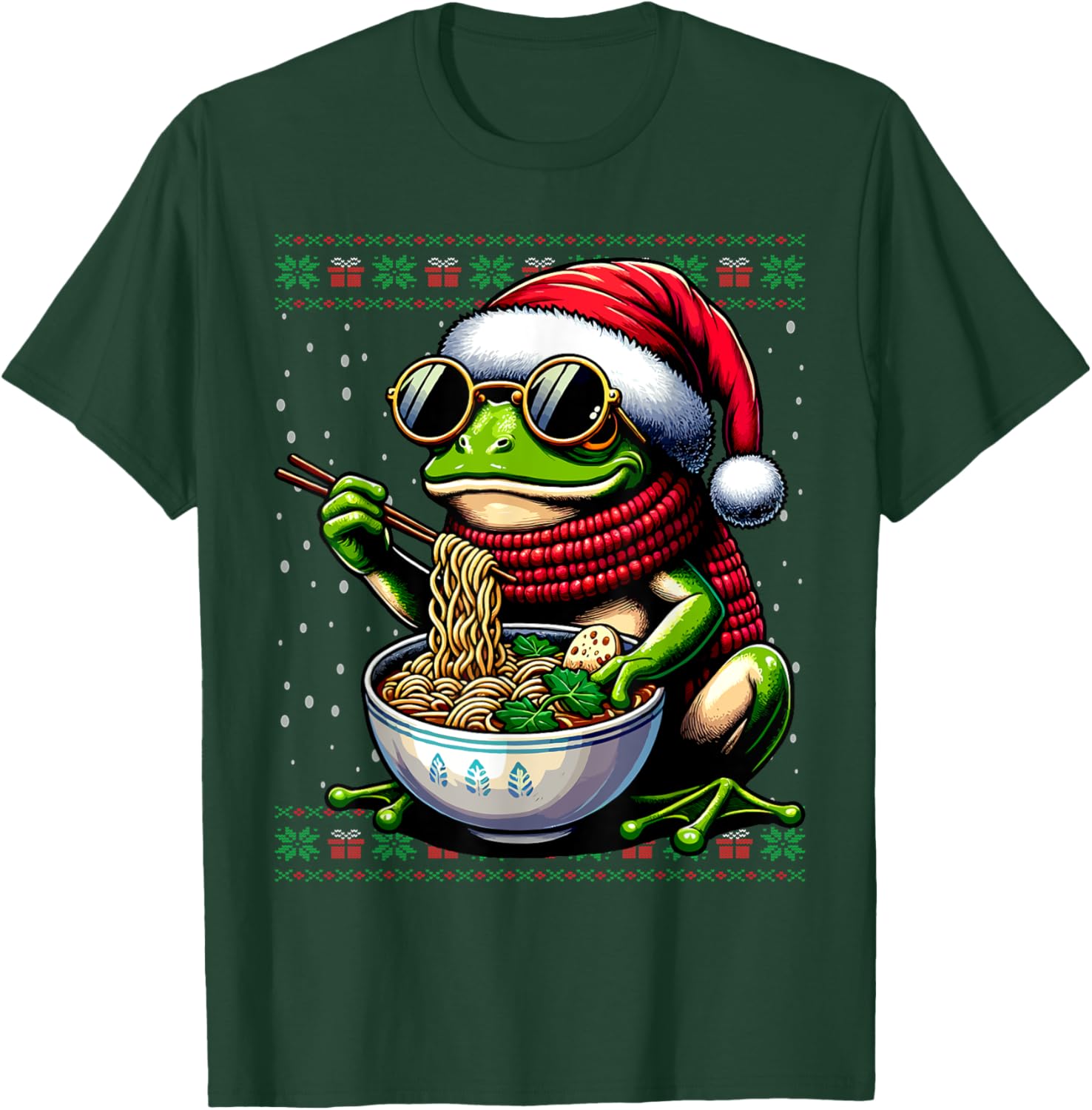 Christmas Frog Eating Ramen Ugly Christmas Sweater T-Shirt - T-Shirt | Forest
