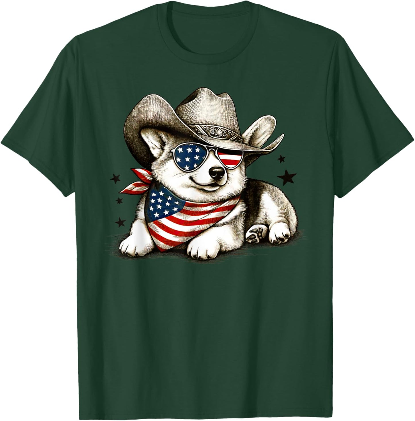 Corgi Cowboy Hat 4th of July American Flag USA Patriotic Dog T-Shirt - T-Shirt | Forest