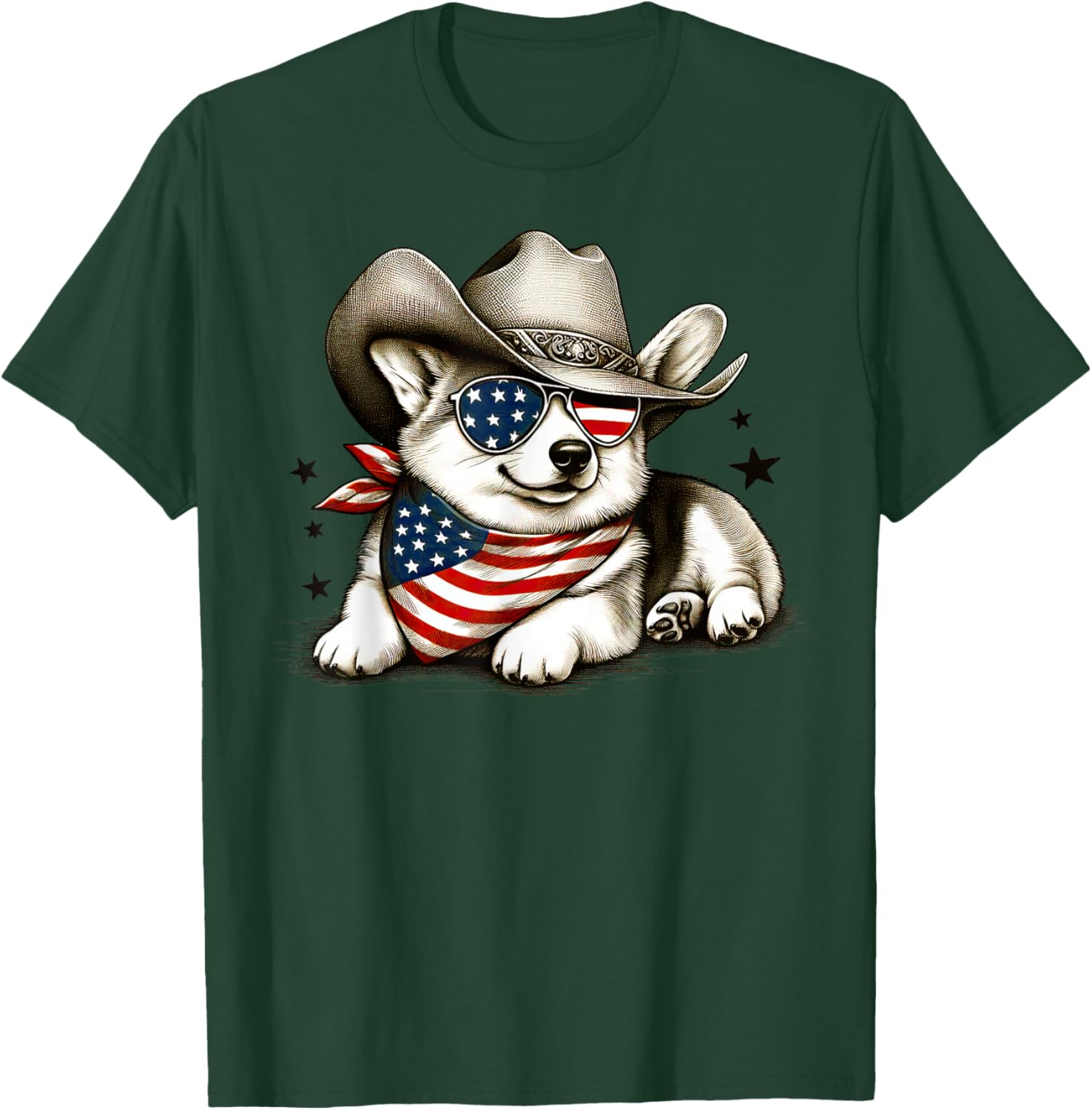 Corgi Cowboy Hat 4th of July American Flag USA Patriotic Dog T-Shirt - T-Shirt | Forest