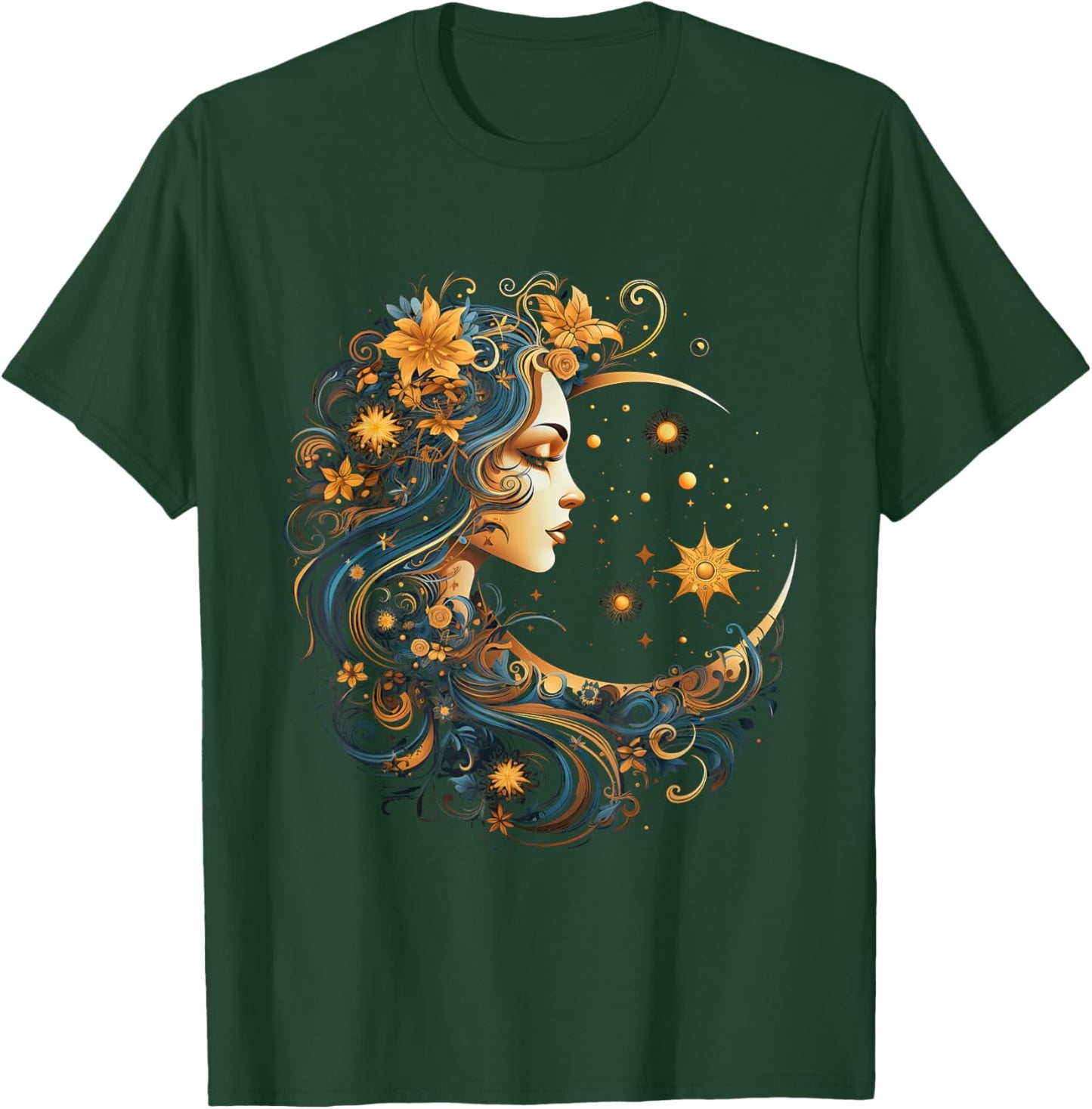 Mystic Sun and Moon Woman Mystical Flowers Aesthetic T-Shirt - T-Shirt | Forest