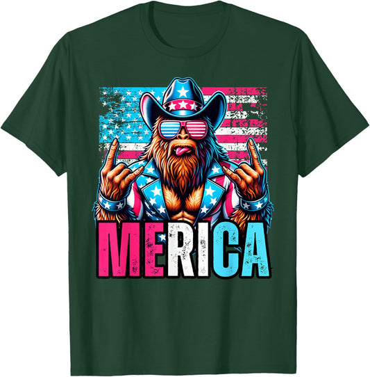 Sasquatch Merica 4th Of July American Flag Cowboy Rocker T-Shirt - T-Shirt | Forest