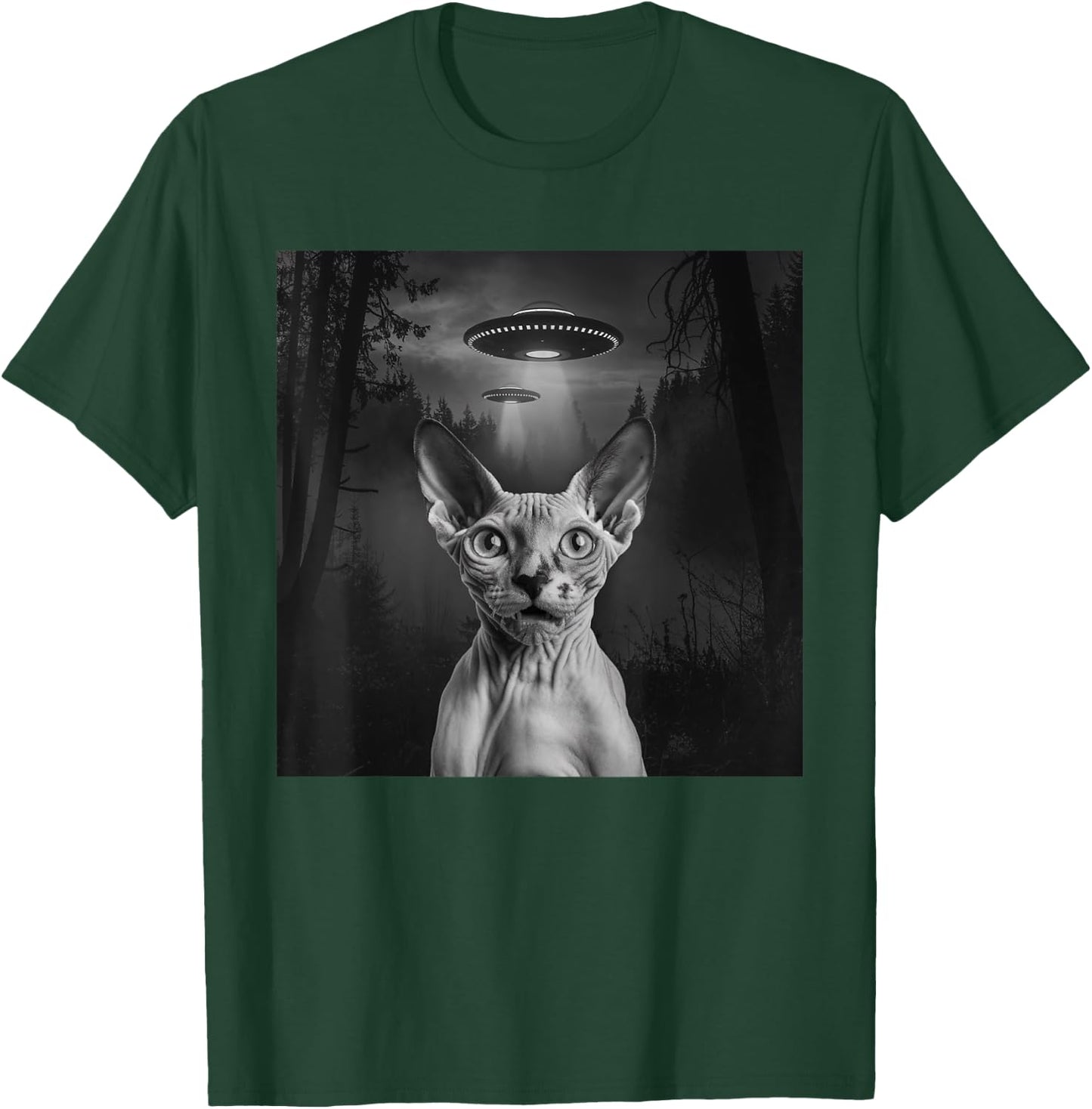 Sphynx Cat Selfie With Alien UFO Funny Cat Outfit T-Shirt - T-Shirt | Forest