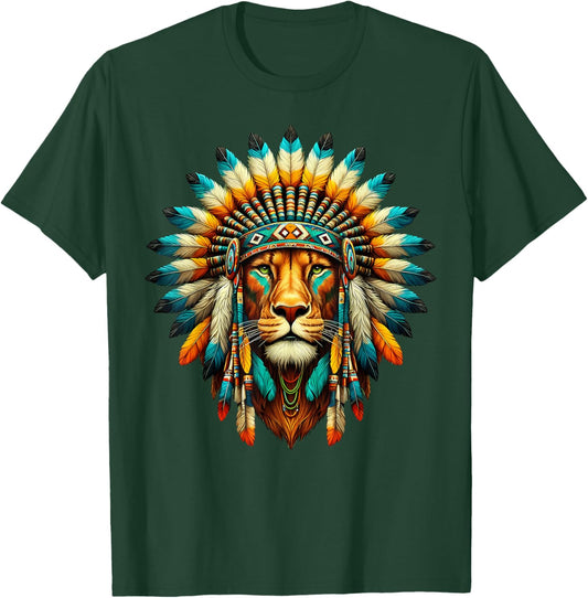 Native Indian Lion Native American Indian Feathers T-Shirt - T-Shirt | Forest