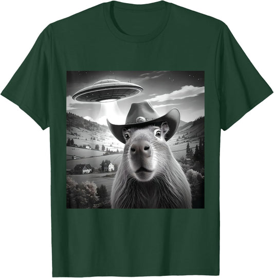 Funny Capybara Selfie Wearing Cute Hat With UFOs Weird T-Shirt - T-Shirt | Forest