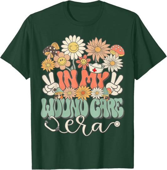 Retro Groovy In My Wound Care Era Nurse Floral Hippie Daisy T-Shirt - T-Shirt | Forest