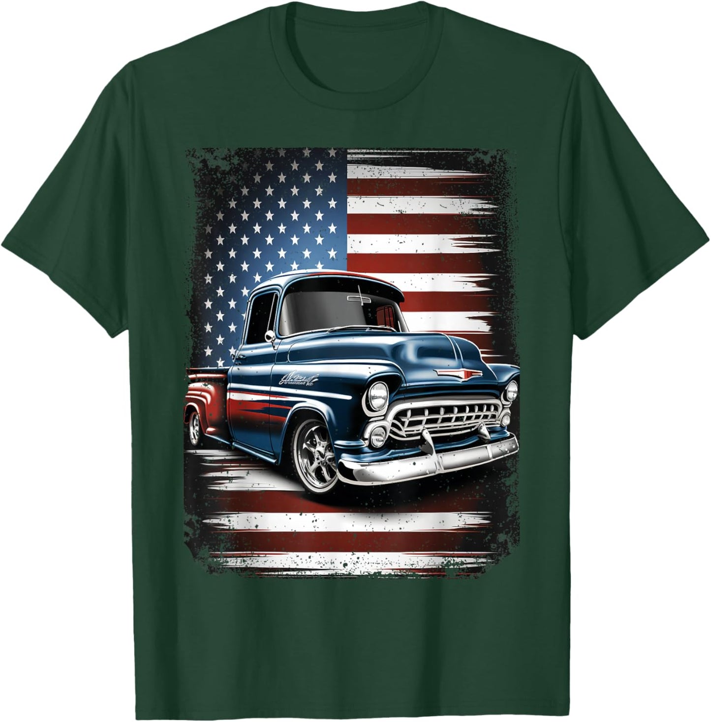 Classic Old Pickup Truck American Flag 4th of July Patriotic T-Shirt - T-Shirt | Forest