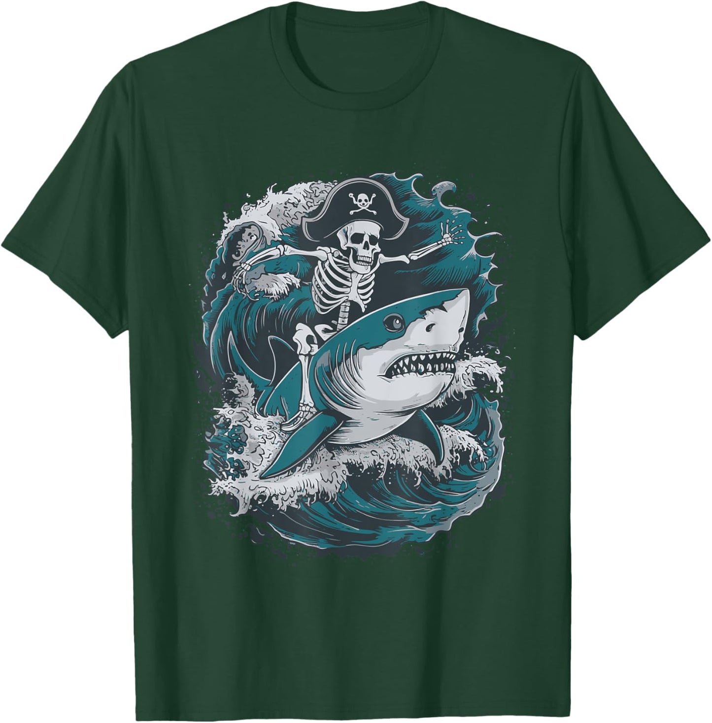 Skeleton Riding Shark T-Shirt - T-Shirt | Forest