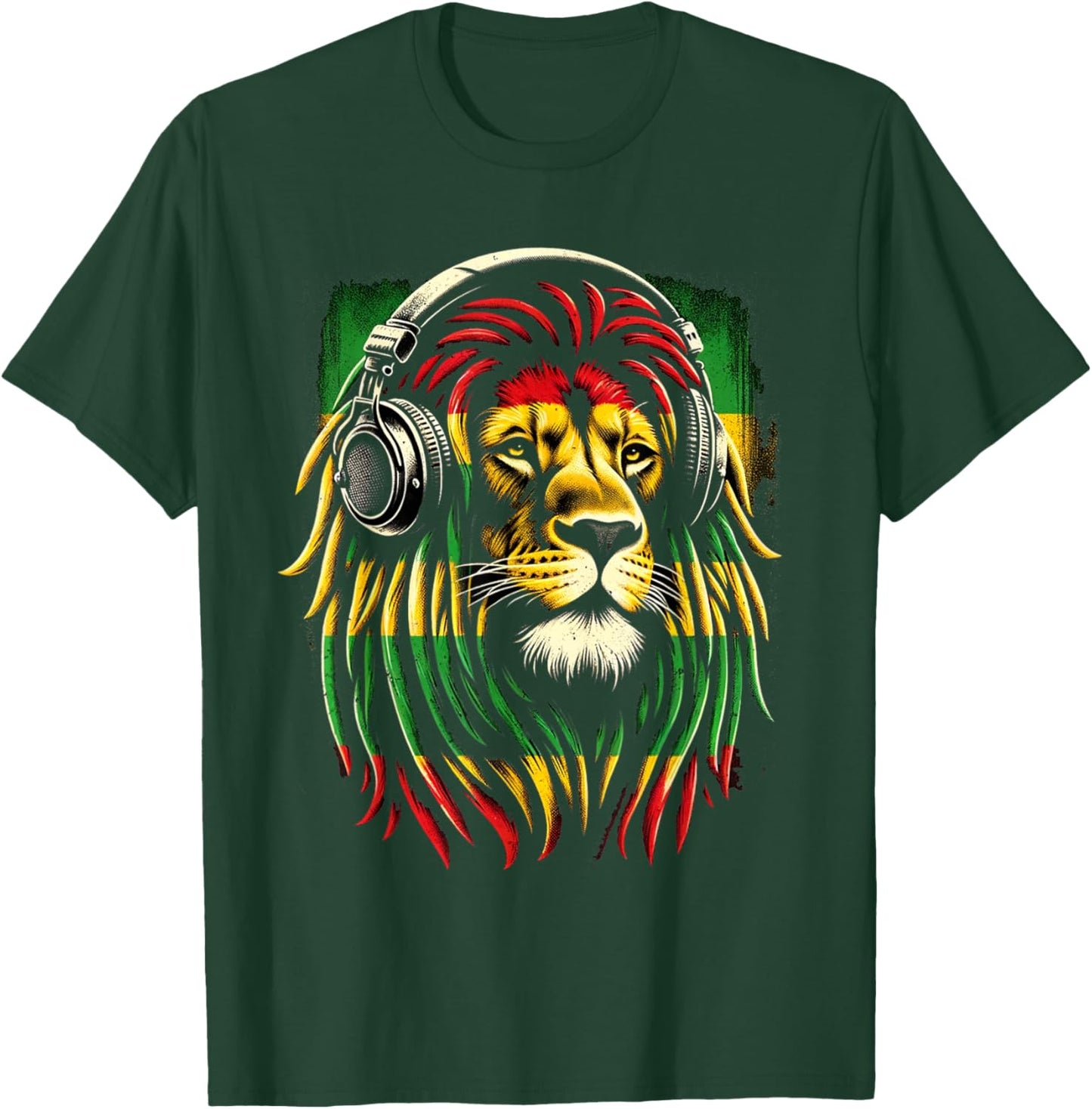 Reggae Lion Roar: Rasta with Headphones Vibe T-Shirt - T-Shirt | Forest
