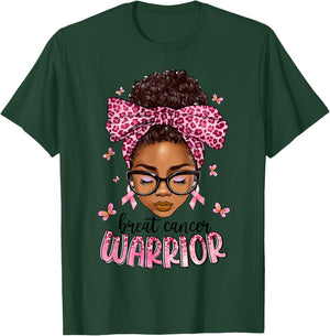 Breast Cancer Awareness Warrior Messy Bun Hair Black Woman T-Shirt - T-Shirt | Forest