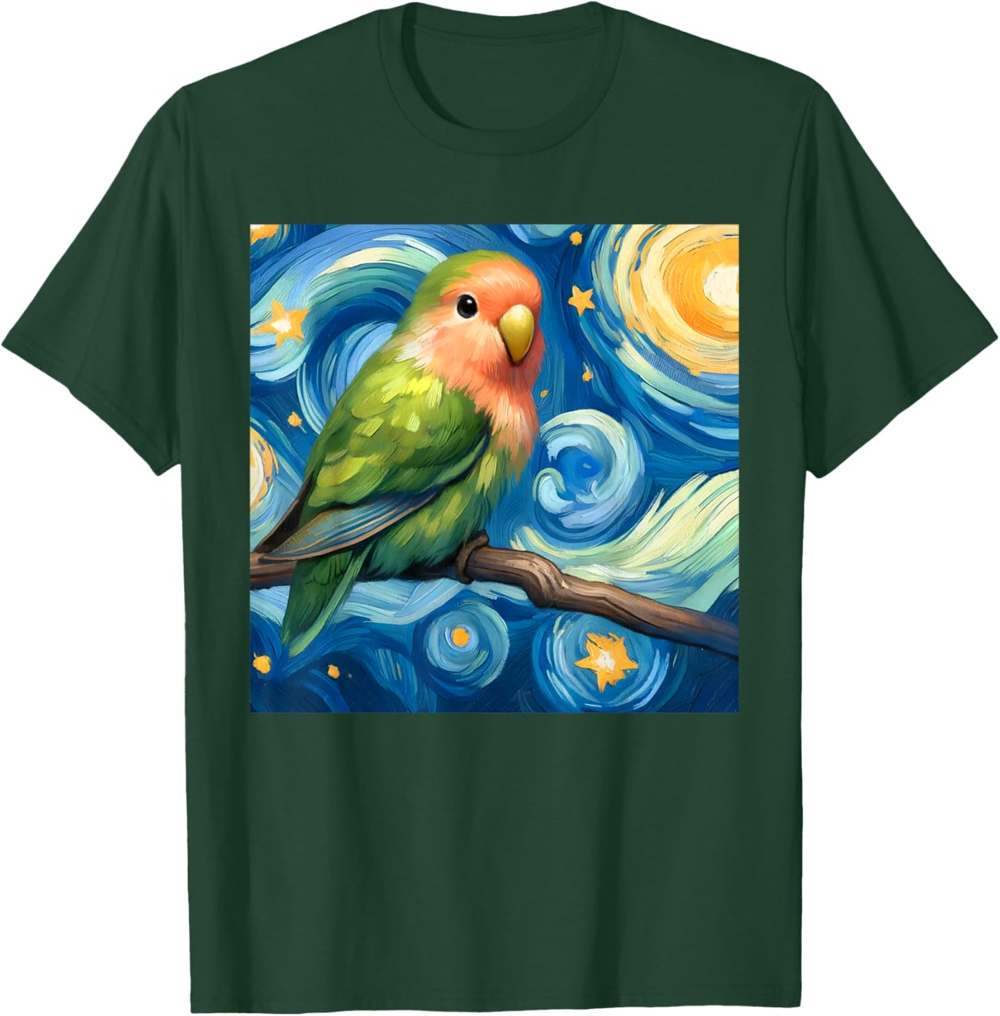 Rosy-faced Green Lovebird Parrot Starry Night Sky Van Gogh T-Shirt - T-Shirt | Forest