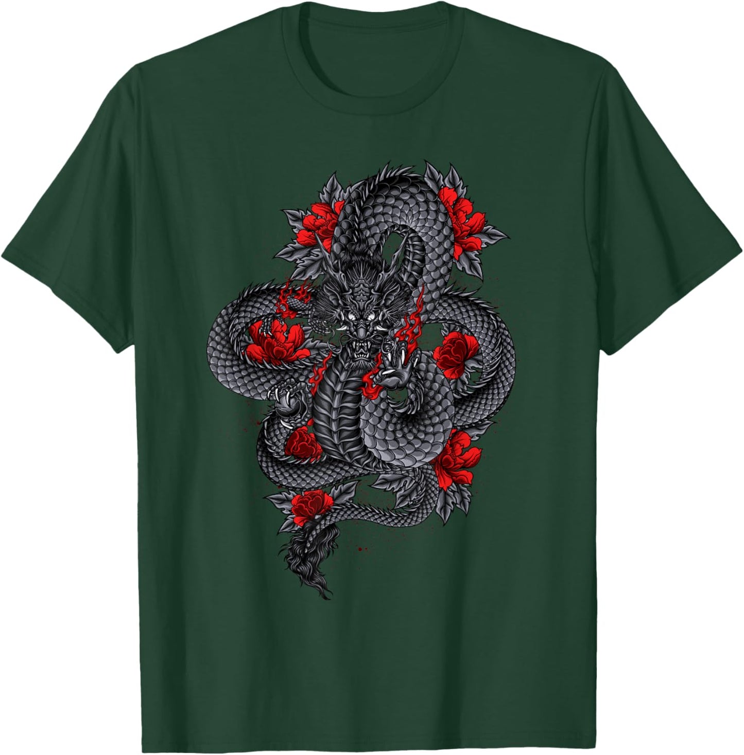 Black Dragon With Red Flowers T-Shirt - T-Shirt | Forest