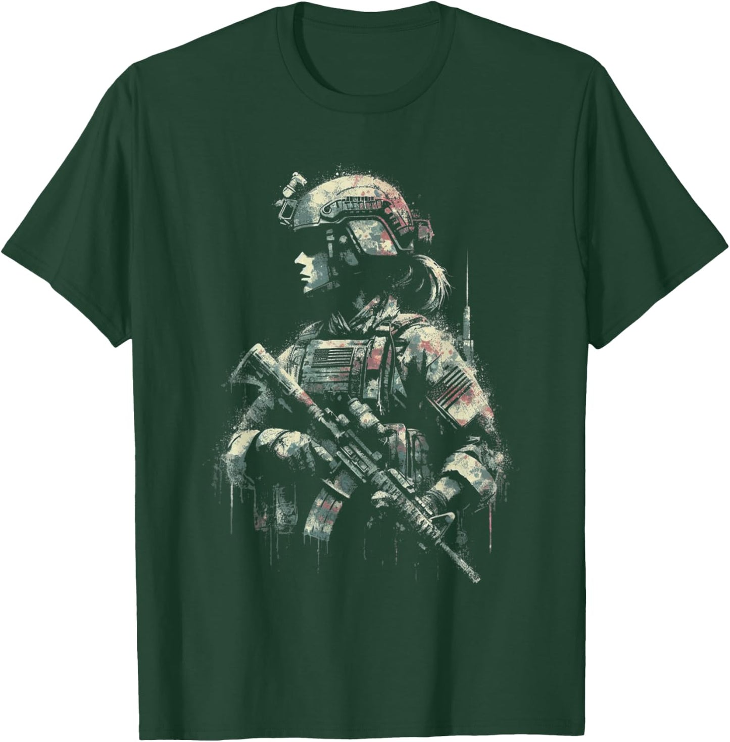 Female Soldier American Flag - Patriotic USA Veteran T-Shirt - T-Shirt | Forest