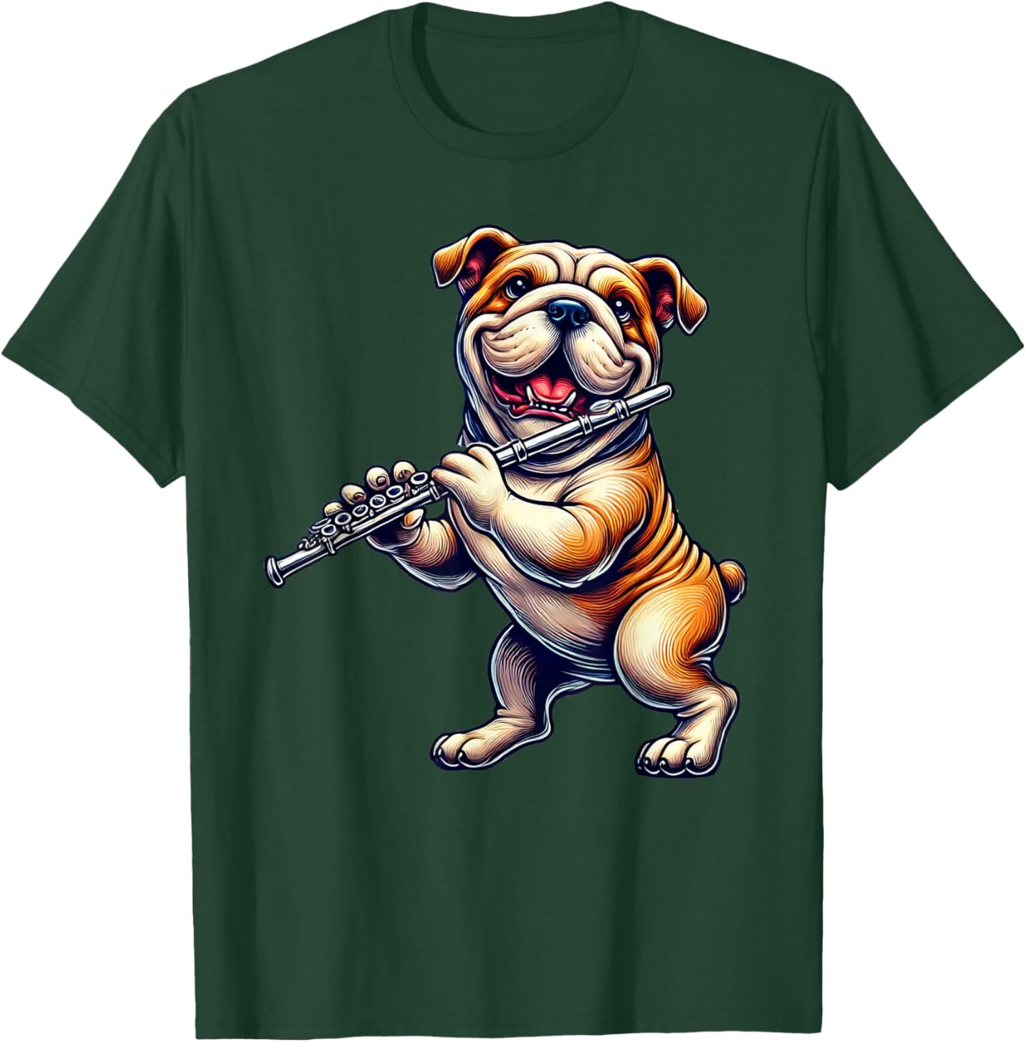 Cute English Bulldog Dog Playing Flute Musician Music T-Shirt - T-Shirt | Forest