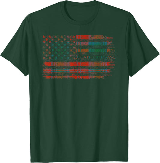 Clan Lindsay Scottish tartan US flag kilt Scotland 2 T-Shirt - T-Shirt | Forest