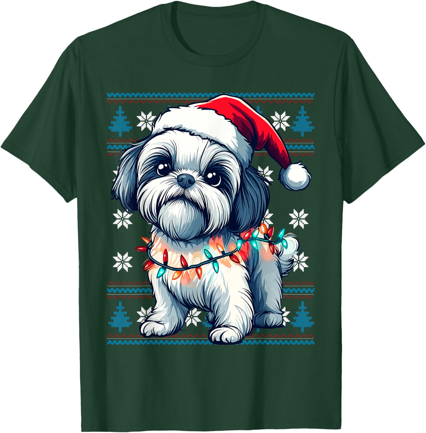 Shih Tzu Santa Xmas Tree Lights Shih Tzu Ugly Christmas T-Shirt - T-Shirt | Forest