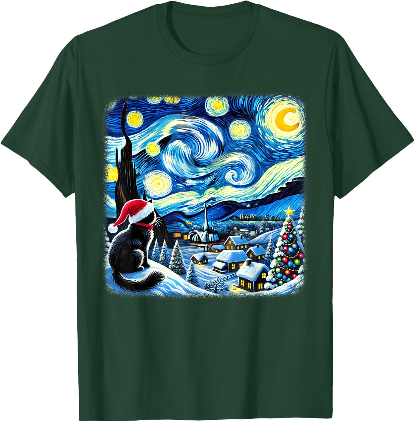 Christmas Van Gogh Starry Night Black Cat Santa Hat Xmas Women Kids T-Shirt - T-Shirt | Forest