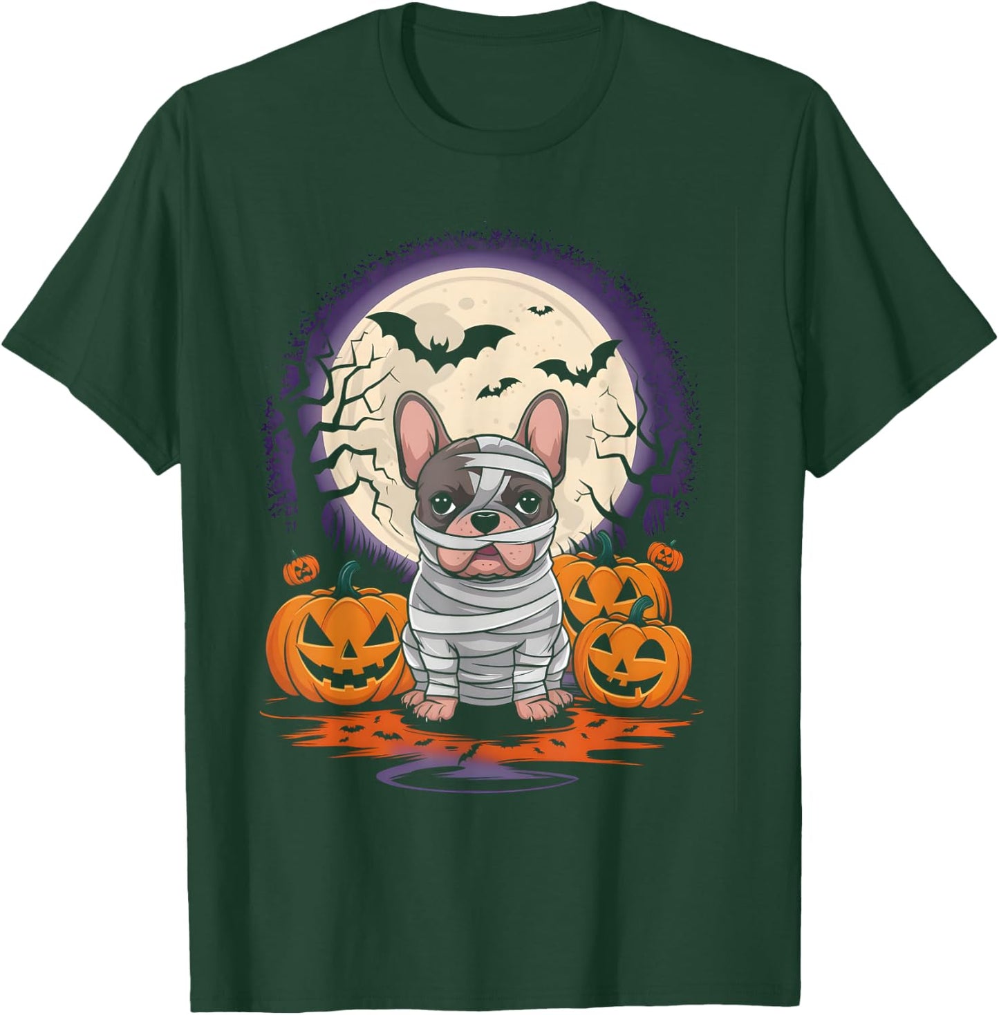 Spooky French Bulldog Mummy Full Moon - Halloween Dog T-Shirt - T-Shirt | Forest