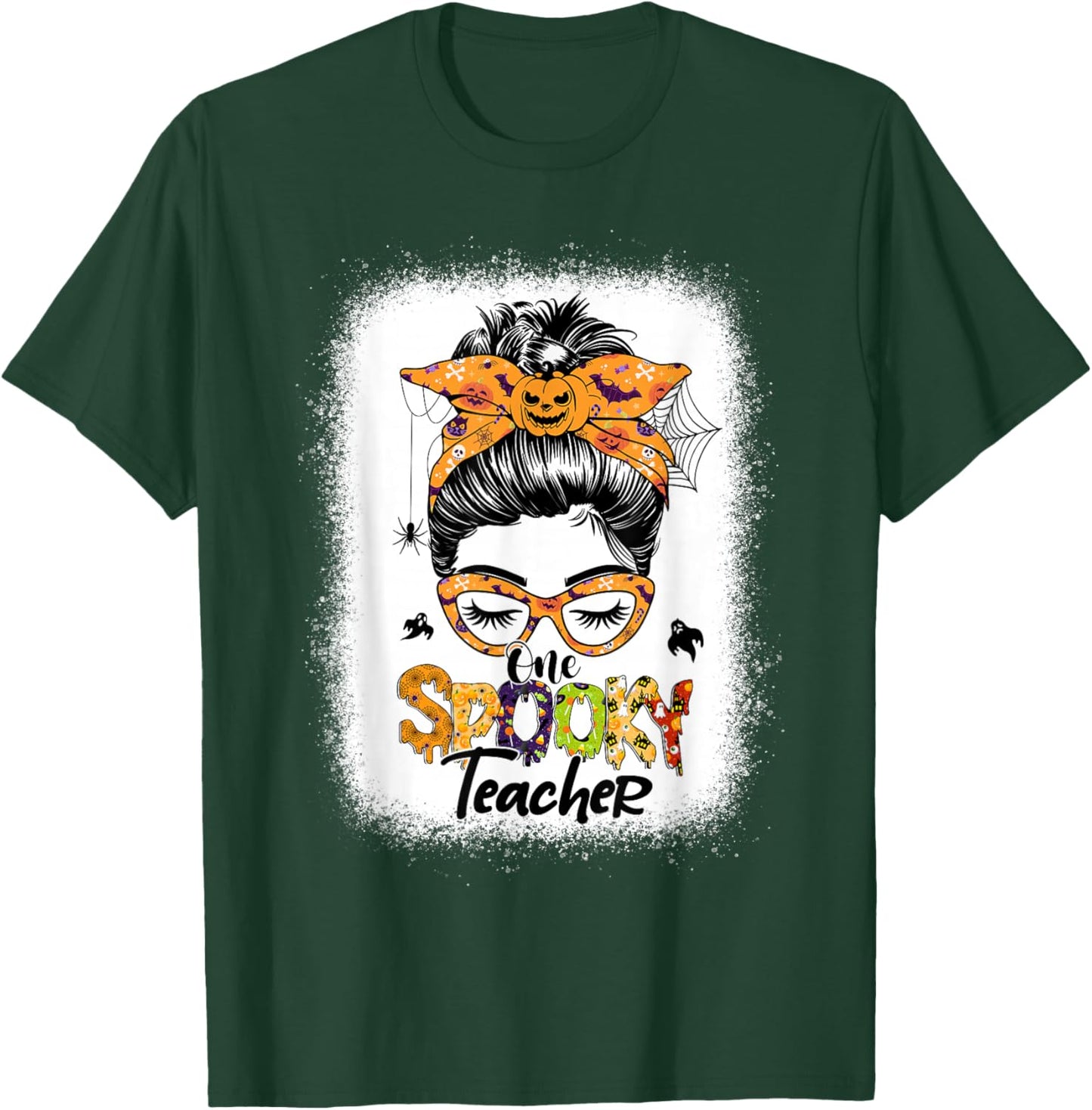 One Spooky Teacher For Halloween Messy Bun Mom Bleached T-Shirt - T-Shirt | Forest