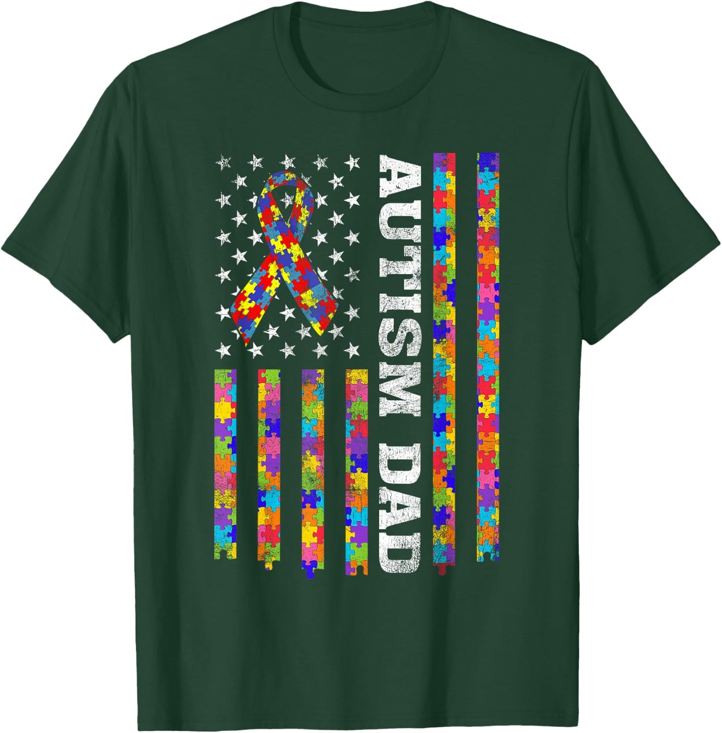 Proud Autism Dad Puzzle Piece Ribbon US American Flag Women Kids Men T-Shirt - T-Shirt | Forest