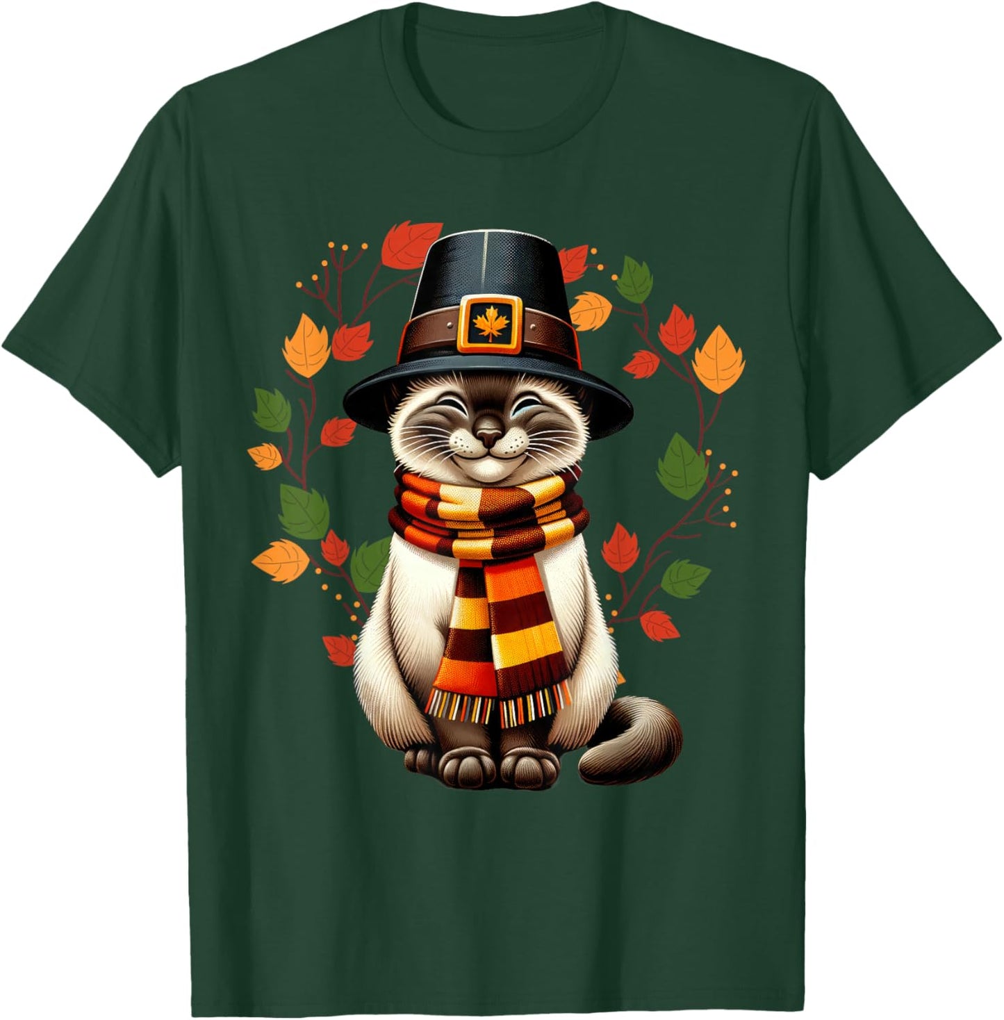 Siamese Cat Pilgrim Thanksgiving Fall Turkey, Women Girls T-Shirt - T-Shirt | Forest