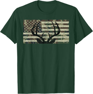 Deer Hunting Camo American Flag Buck Antlers Hunter Country T-Shirt - T-Shirt | Forest