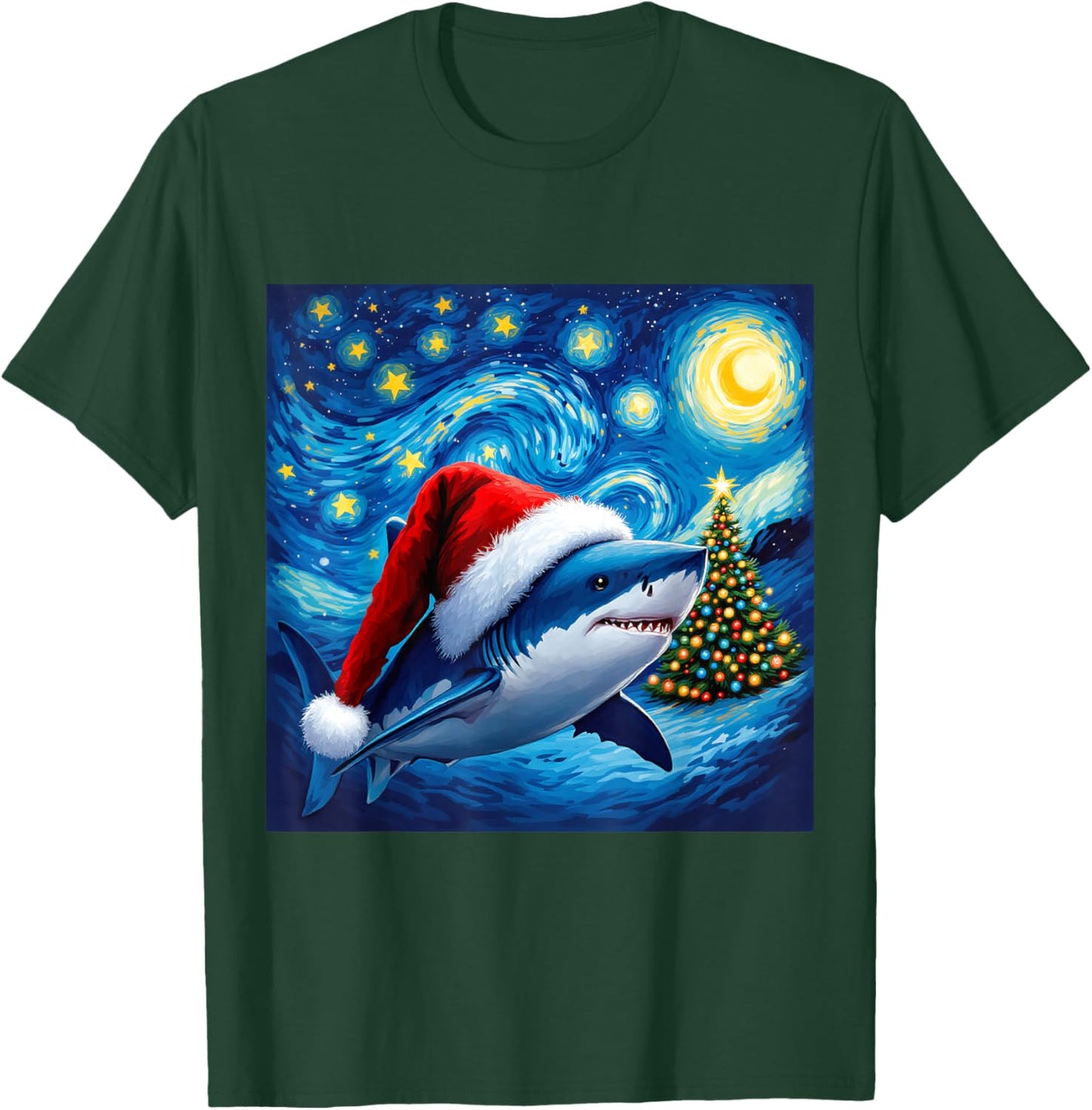 Christmas Shark Santa Hat Van Gogh Starry Night Holiday T-Shirt - T-Shirt | Forest