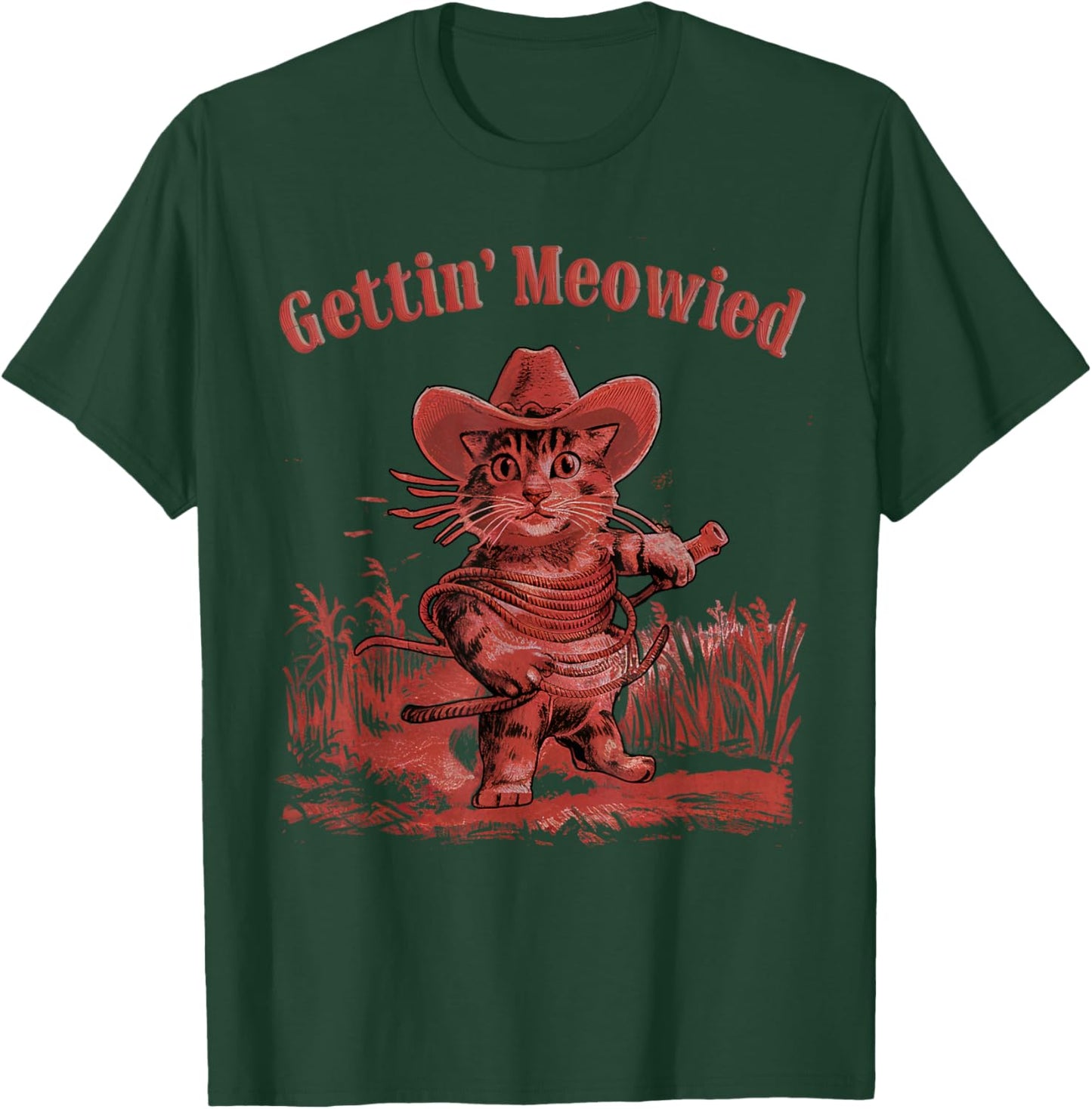 Gettin' Meowied Cat Cowboys Western Love Meowdy Fun Graphic T-Shirt - T-Shirt | Forest
