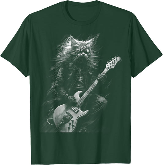 Heavy Metal Cat | Rock Star Band | Guitarist Guitar T-Shirt - T-Shirt | Forest