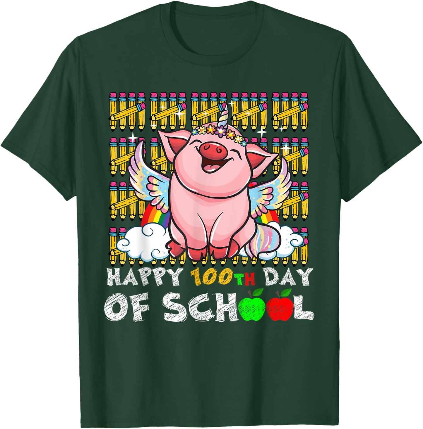 Happy 100th Day Of School Pig Funny Teacher Student Kids T-Shirt - T-Shirt | Forest