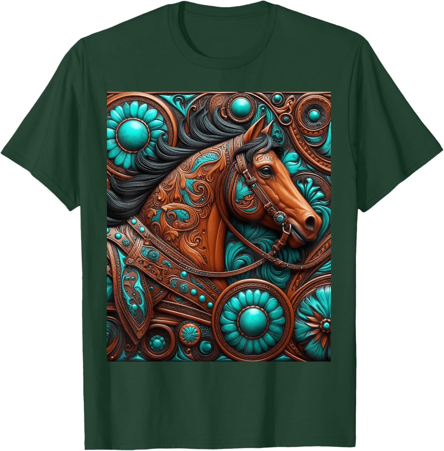 Turquoise and Chocolate Tooled Horse T-Shirt - T-Shirt | Forest