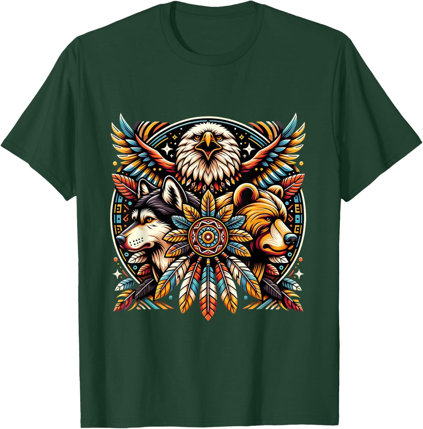 Native American Tribal Animals Bear Wolf Eagle Bohemian T-Shirt - T-Shirt | Forest