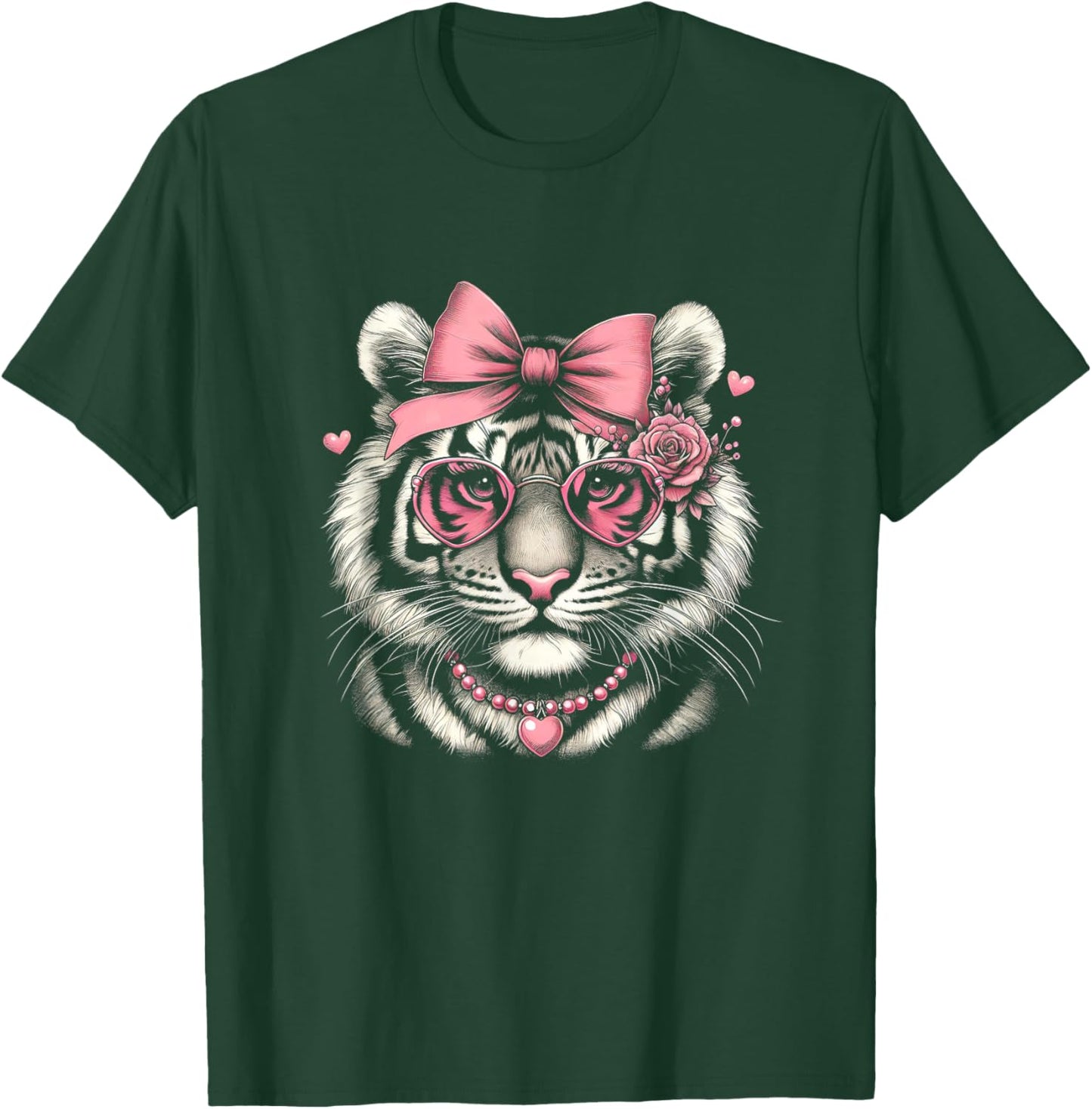 Tiger for Girls with Pink Glasses Graphic Art Design T-Shirt - T-Shirt | Forest