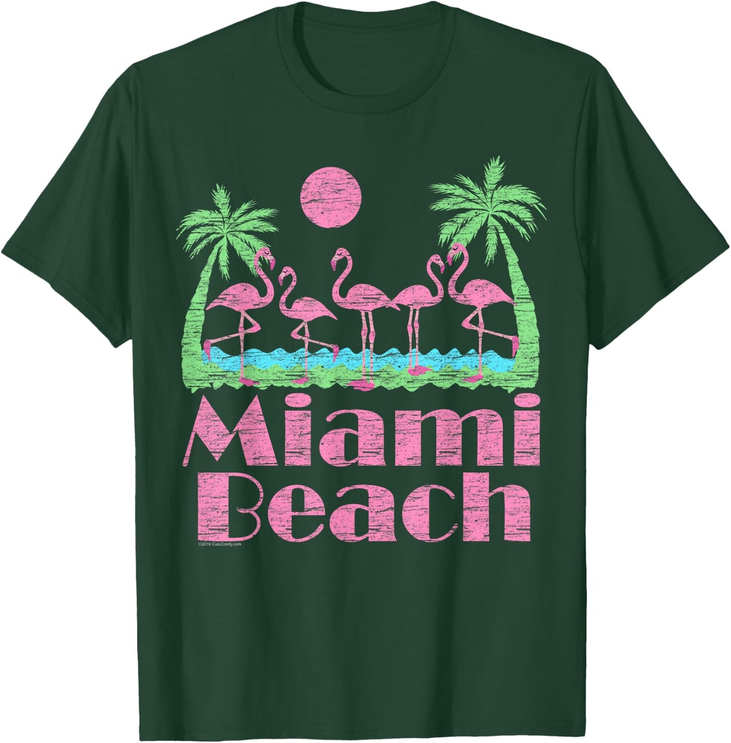 Miami Beach Pink Flamingo Florida Souvenir Men Women Kid 80s T-Shirt - T-Shirt | Forest