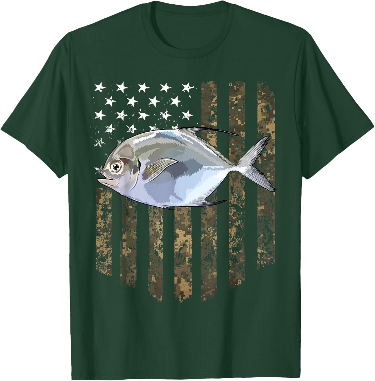 Camo American Flag Pompano Fishing 4th Of July Women Men T-Shirt - T-Shirt | Forest