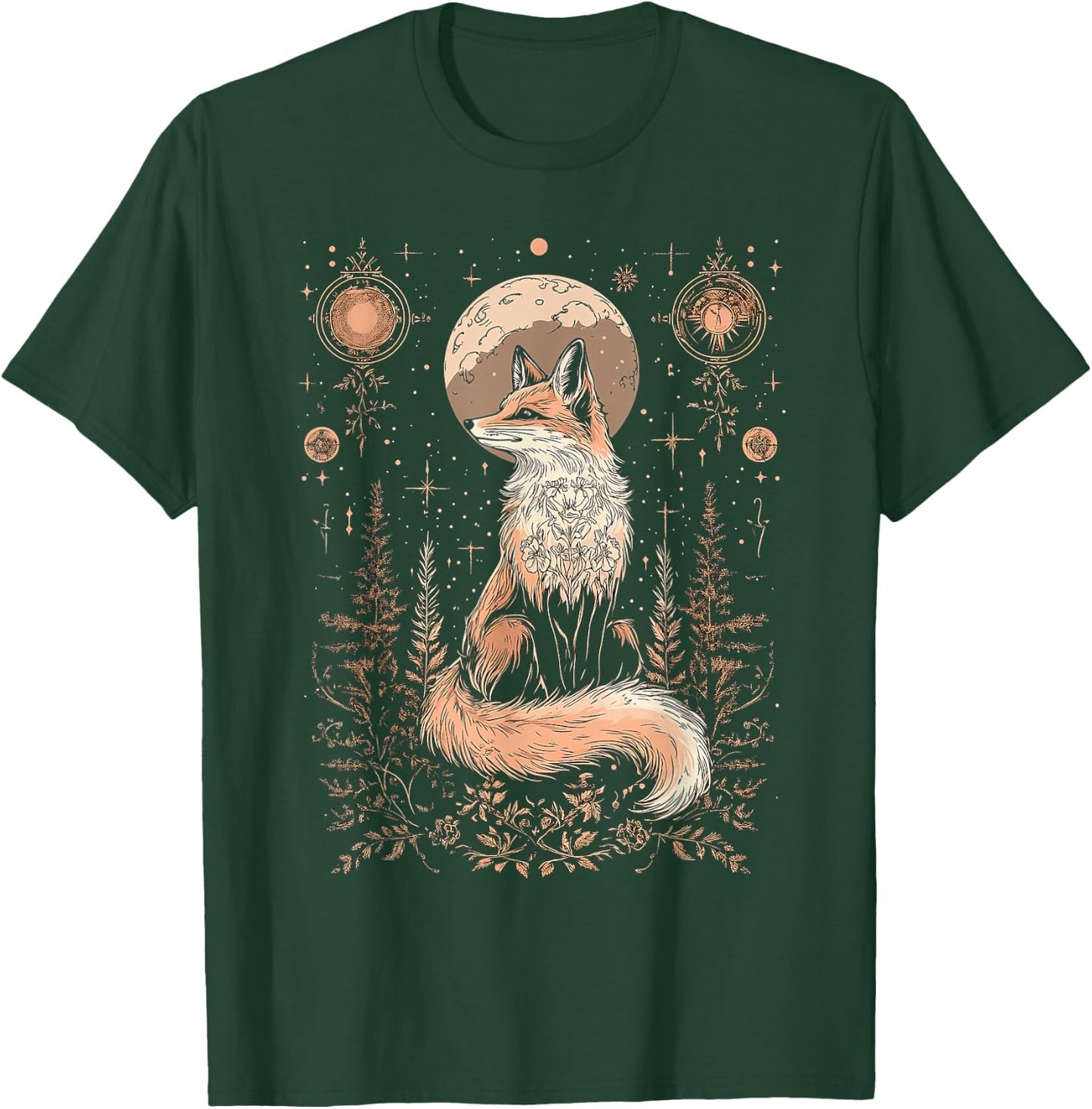 Mystic Moon and Moonphase Fox Mystical Flowers Aesthetic T-Shirt - T-Shirt | Forest