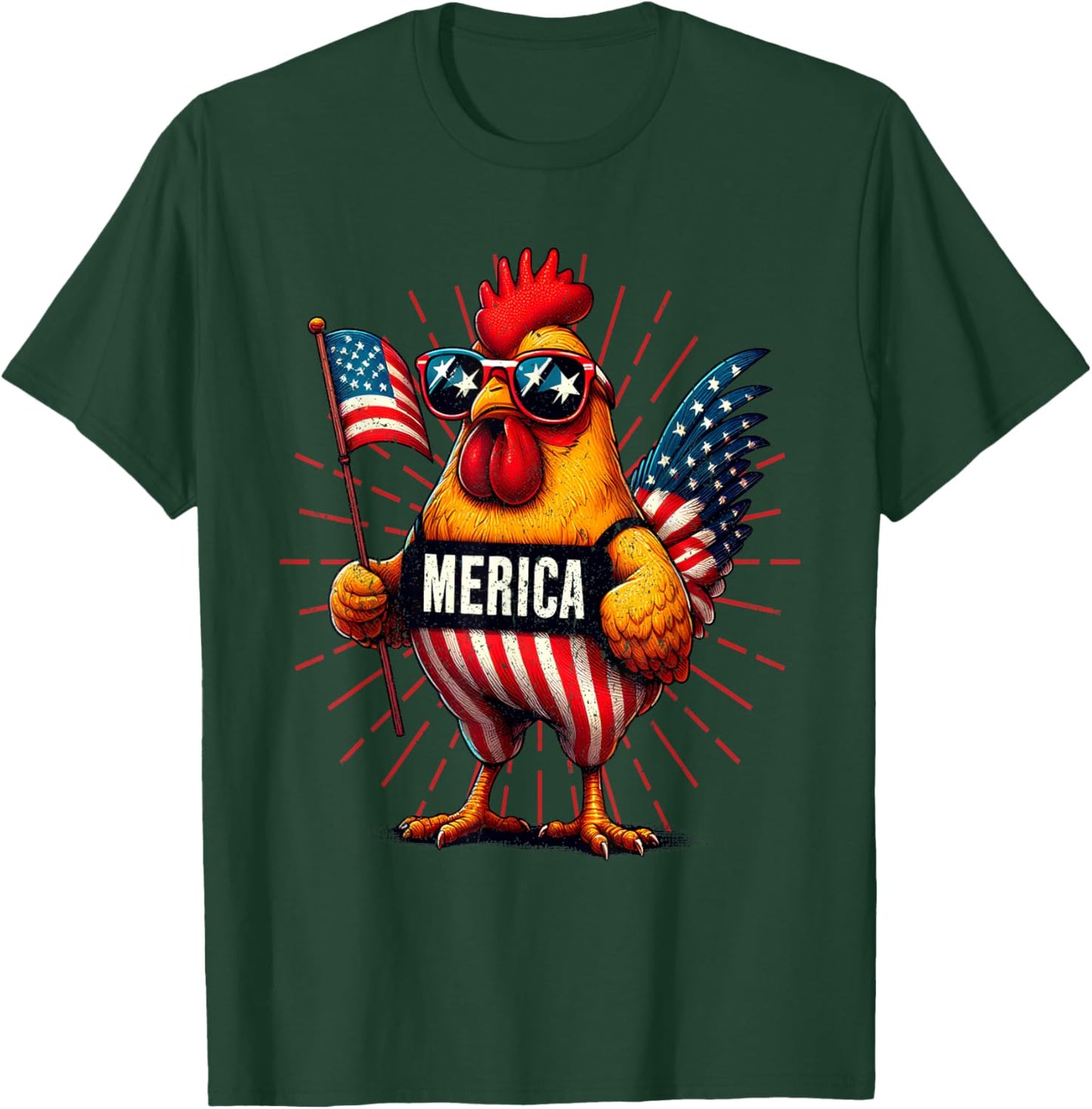 Merica Chicken Rooster 4th of July Patriotic American Flag T-Shirt - T-Shirt | Forest