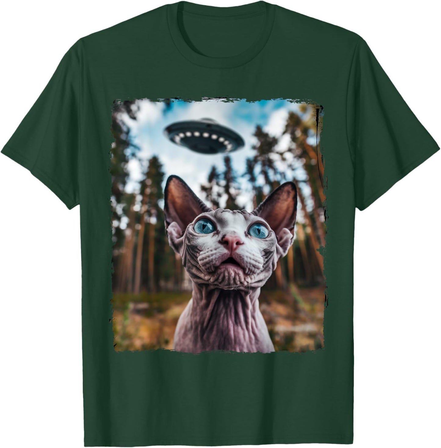 Sphynx Cat Selfie With Alien UFO Cat Gifts Women Kid T-Shirt - T-Shirt | Forest