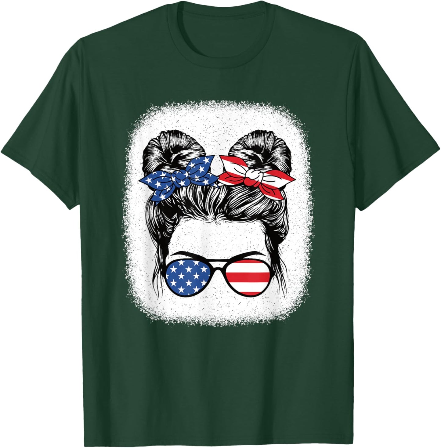 Cute 4th of July Messy Bun Girl American Flag Patriotic USA T-Shirt - T-Shirt | Forest