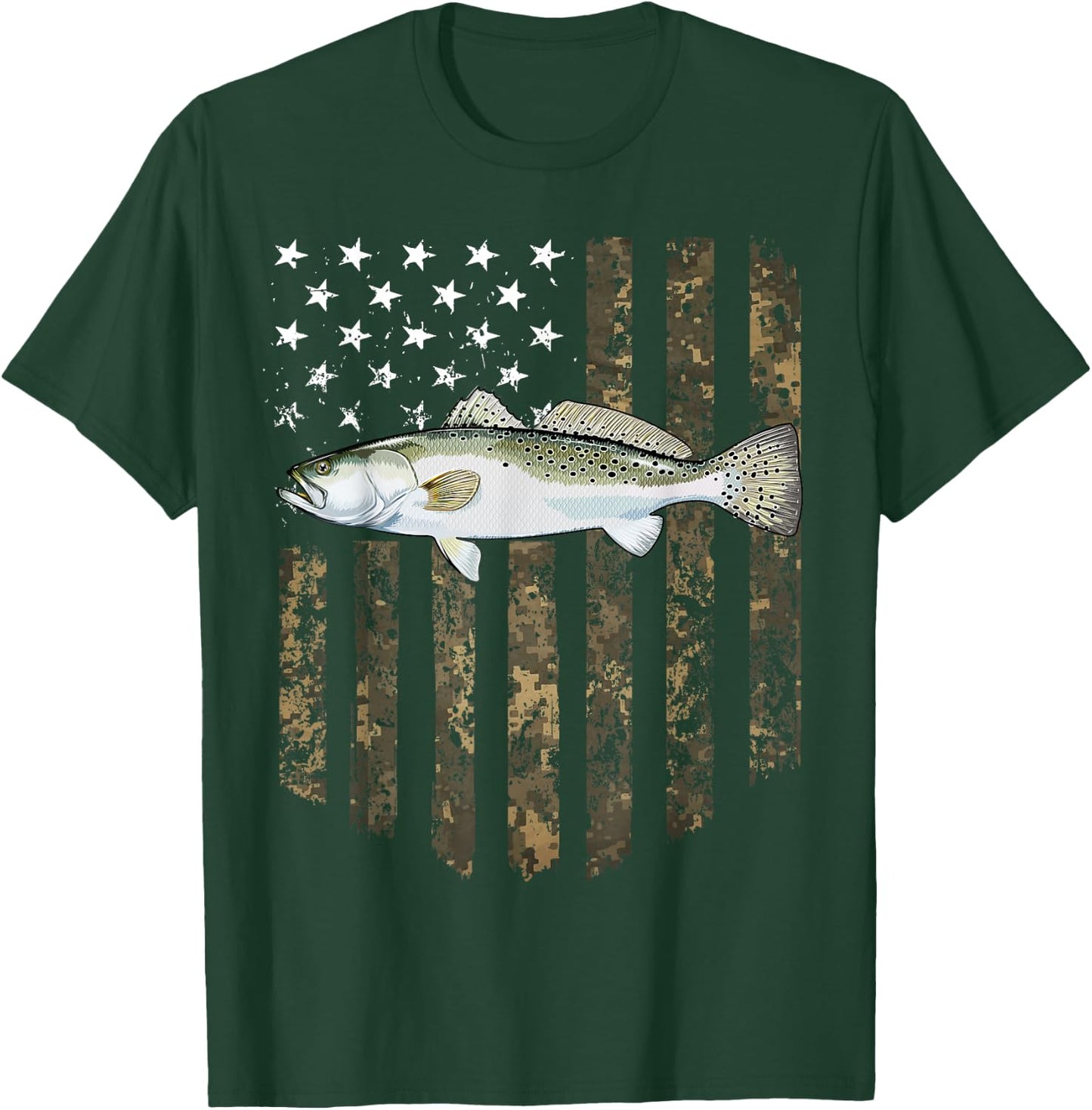 Camo American Flag Speckled Trout Fishing 4th Of July Men T-Shirt - T-Shirt | Forest