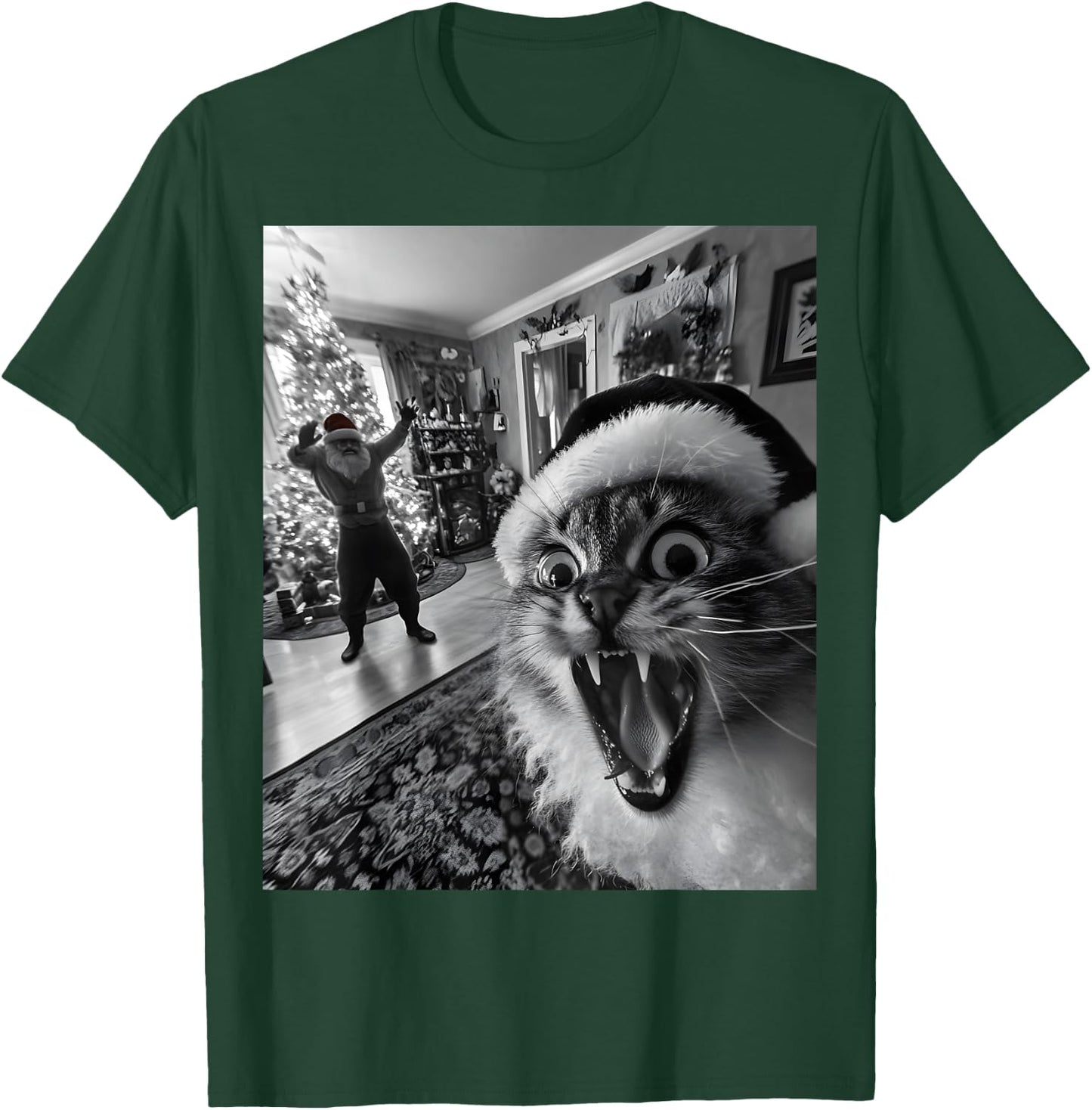 Funny Cat Selfie With Santa Christmas Men Women T-Shirt - T-Shirt | Forest