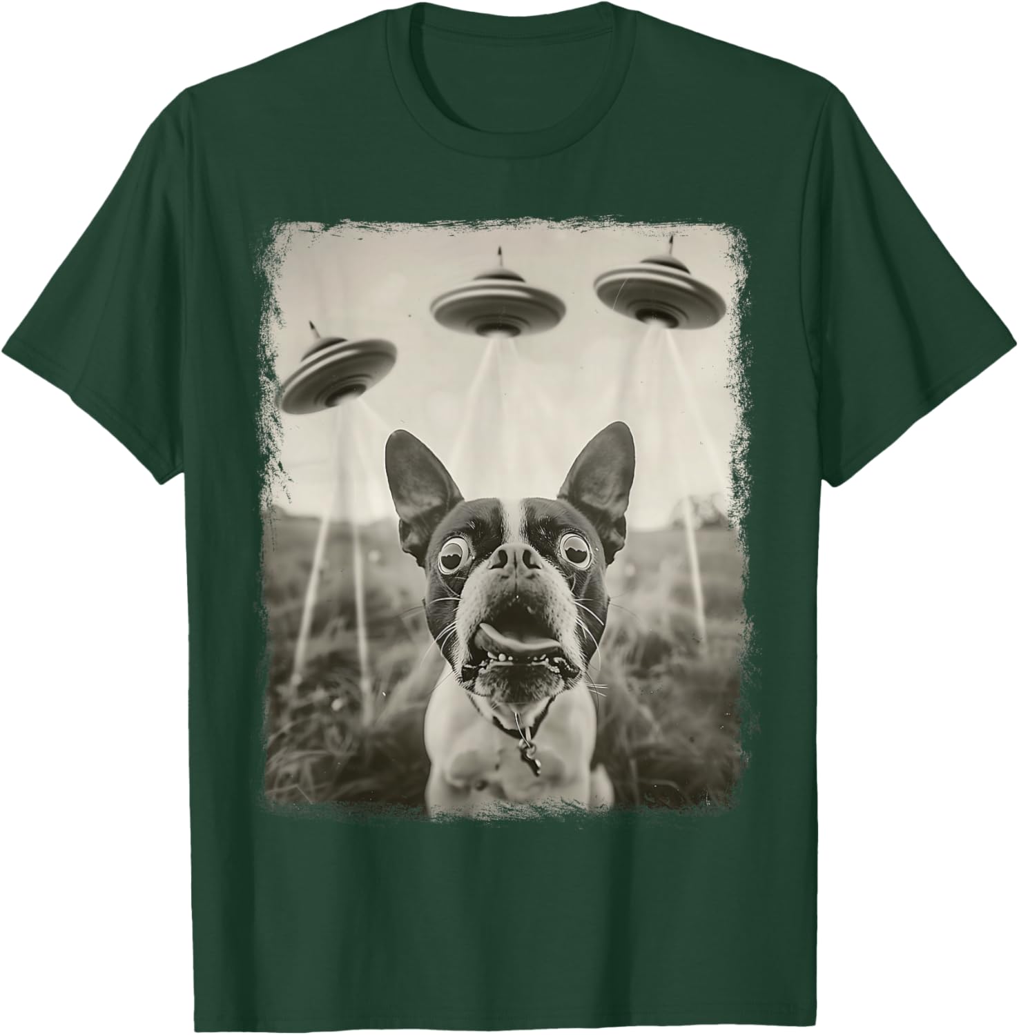 Boston Terrier Dog UFO Alien Extraterrestrial Selfie T-Shirt - T-Shirt | Forest