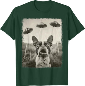 Boston Terrier Dog UFO Alien Extraterrestrial Selfie T-Shirt - T-Shirt | Forest