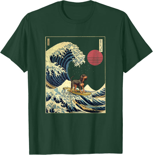 Black and Tan Coonhound Japanese Kanagawa Wave Funny Surf T-Shirt - T-Shirt | Forest