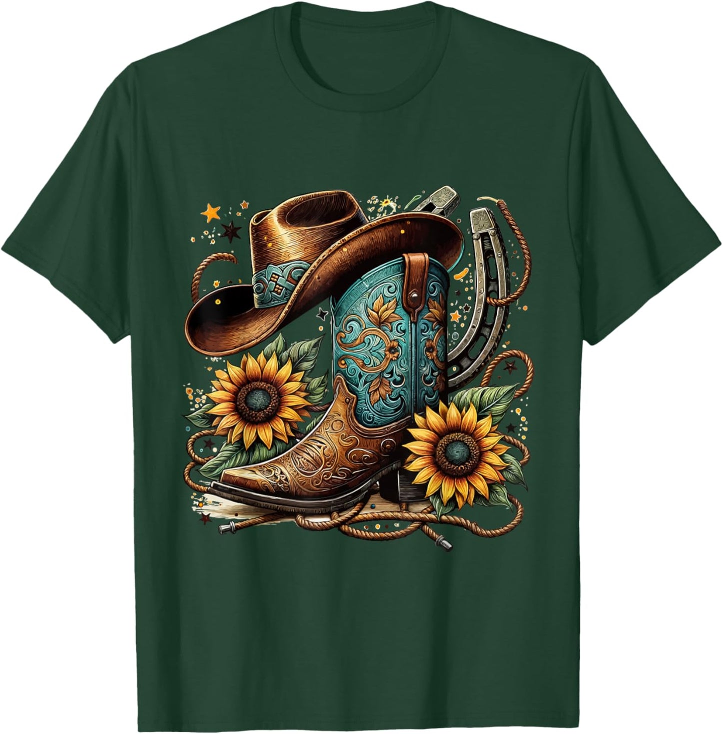 Western Cowboy Boot Horseshoe Sunflower Rope Cowgirl Boot , Small, Black T-Shirt - T-Shirt | Forest